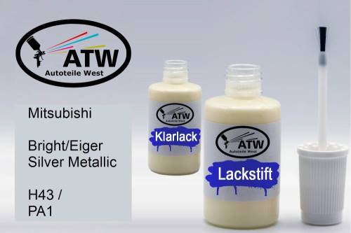Mitsubishi, Bright/Eiger Silver Metallic, H43 / PA1: 20ml Lackstift + 20ml Klarlack - Set, von ATW Autoteile West.